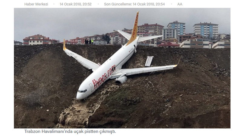Самолёт Pegasus Airlines выкатился при посадке за пределы полосы в Турции